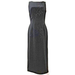 SHERI MARTIN Womens SIZE 6 Black Crepe Beaded Sleeveless Midi Cocktail DRESS